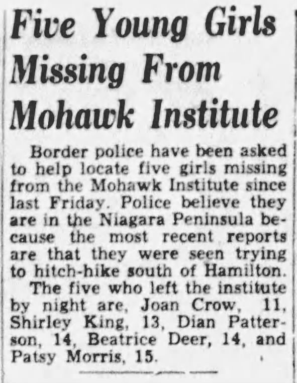 Five Young Girls Missing from Mohawk Institute