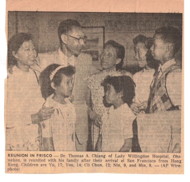 Dr. Chiang reunites with his family after 9 years of separation in 1958