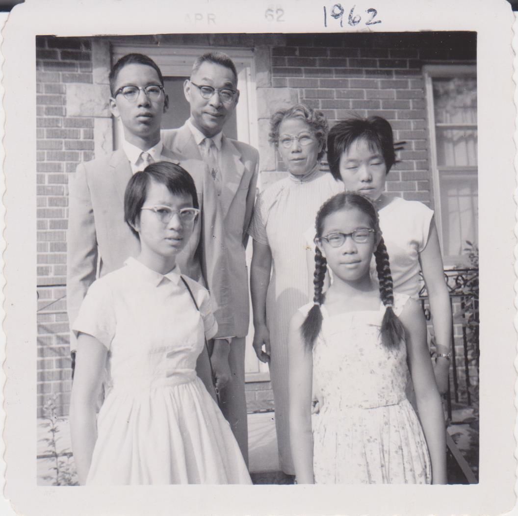 Dr. Chiang and family, 1962. Front row: daughters Ella and Ming. Back row: son David, Dr. Thomas Chiang, wife Sarah, daughter Cora.