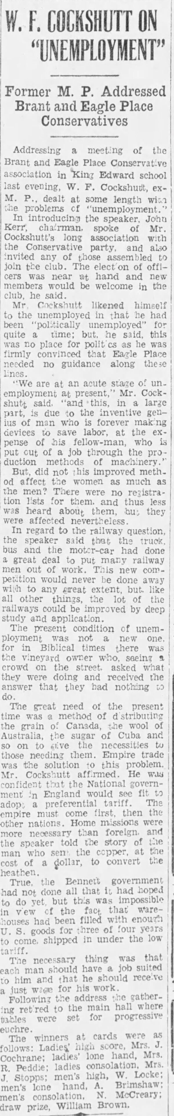 W. F. Cockshutt on Unemployment