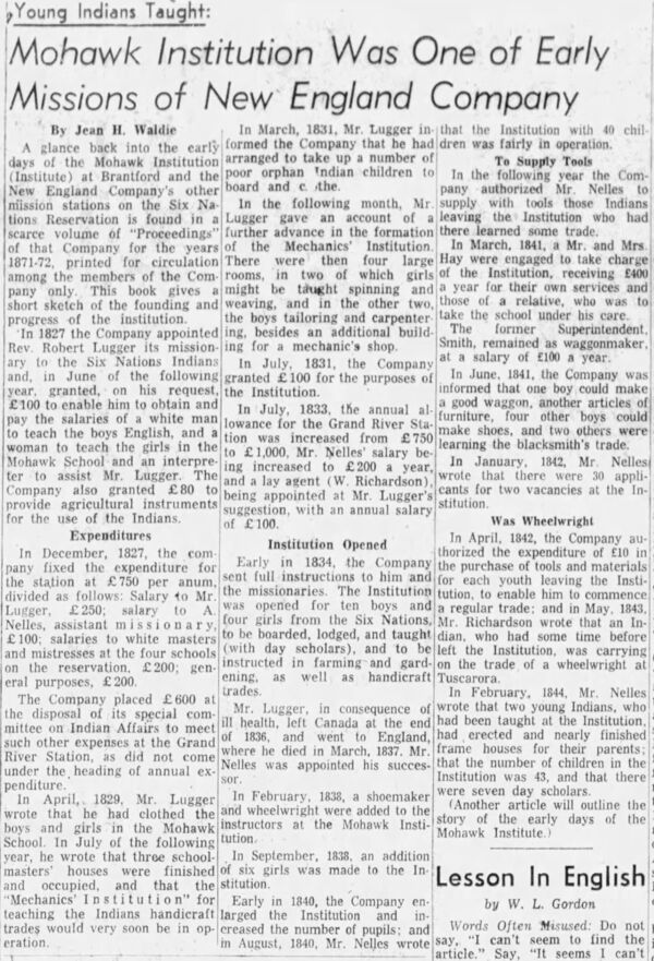 Mohawk Institute was One of Early Missions of New England Company